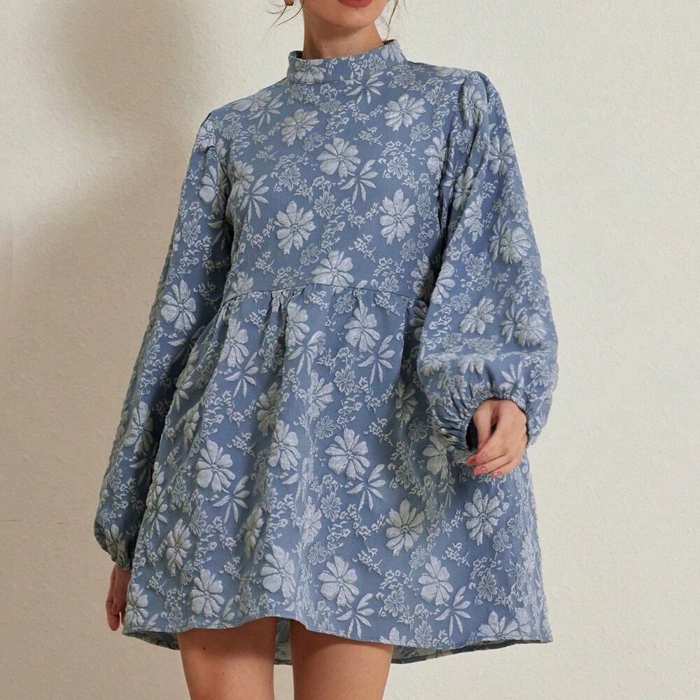 Blue Elegant Women's Textured Floral Lantern Sleeve A-Line Mini Dress - Picture 6 of 6
